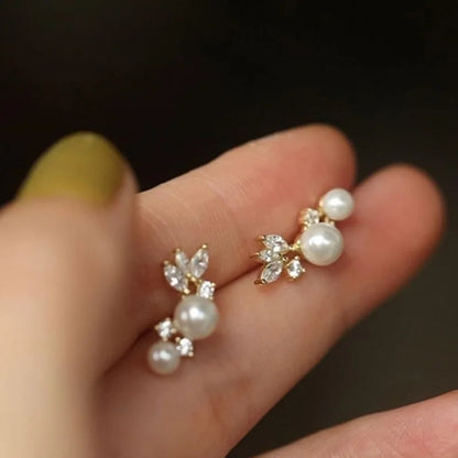 Graceful Gold Color/Silver Color Stud Earrings Lady Simulated Pearl Jewelry Chic Shiny Zirconia Accessories for Wedding