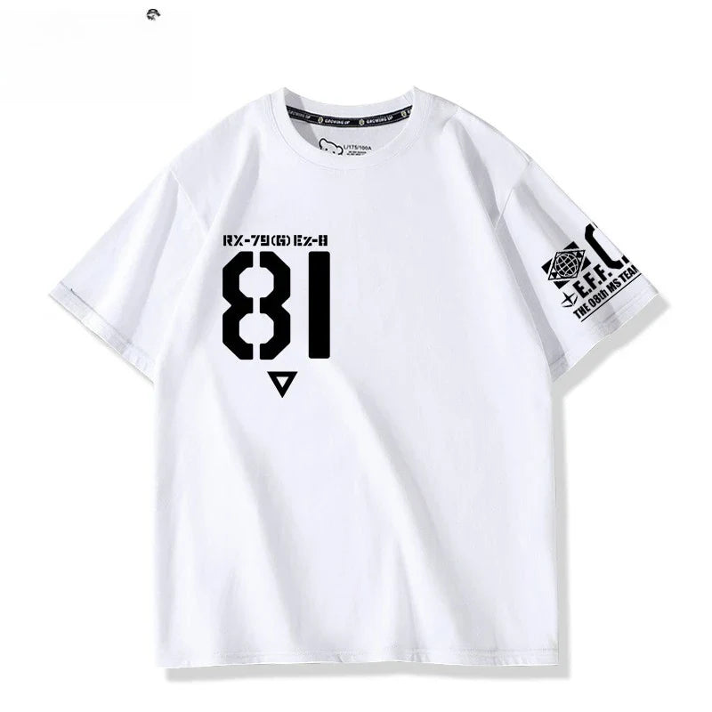 Mobile Suit Gundam 08MS Squad Ez-8 Logotipo Anime Periférico Conjunto Manga Curta Camiseta Roupas Masculinas e Femininas Verão