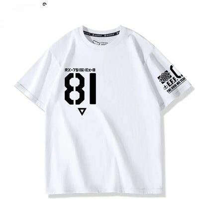 Mobile Suit Gundam 08MS Squad Ez-8 Logotipo Anime Periférico Conjunto Manga Curta Camiseta Roupas Masculinas e Femininas Verão