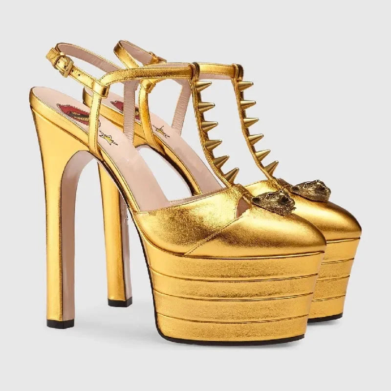 2026 Women's Round Head Sandals Thin Heels 5cm Thick Bottom Slope Heel Fish Mouth Rivet Sandal T-Platform Sandals Size34-43