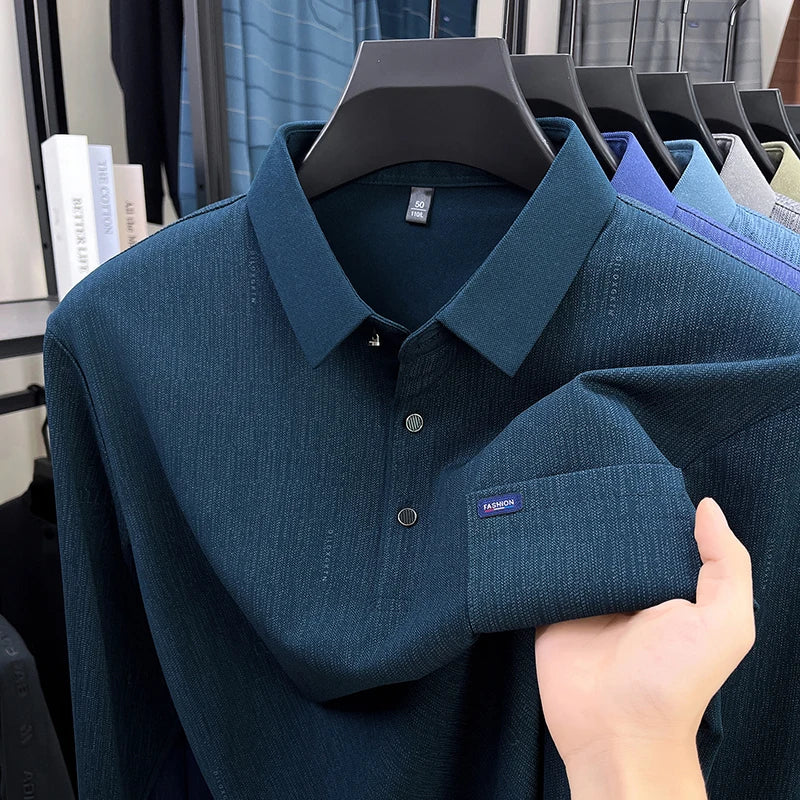 Hot Sales Original Design Men's Polo Lapel Long Sleeve T-Shirt Autumn New Soft Anti Pilling Pocket Business Leisure Menswear Top