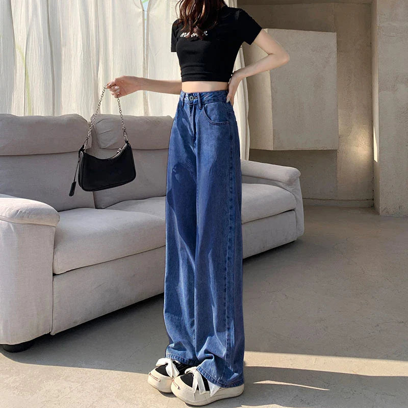 Calça Jeans Branca Feminina de Cintura Alta Jeans Branca Y2k Perna Larga Folgada