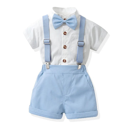 Children Formal Clothing Summer Comfortable Two Piece Set Kid Short Sleeve Shirt Bow Tie Suspenders Shorts Boy Elegant Outfit