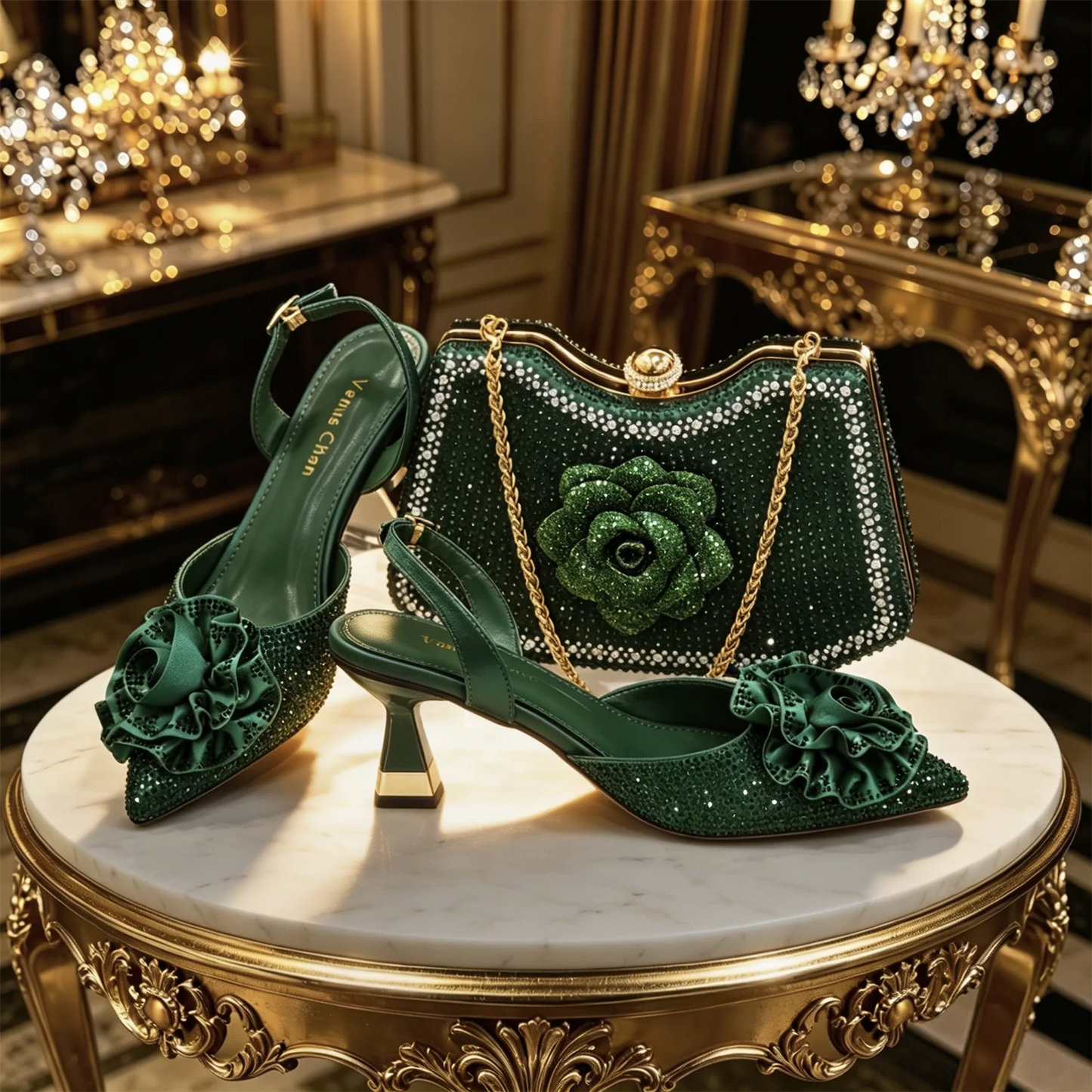 Luxury Green 3D Rose Rhinestone Shoes And Bag Set Women Pointed Toe Slingback High Heels Matching Clutch For Wedding Party