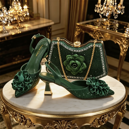 Luxury Green 3D Rose Rhinestone Shoes And Bag Set Women Pointed Toe Slingback High Heels Matching Clutch For Wedding Party