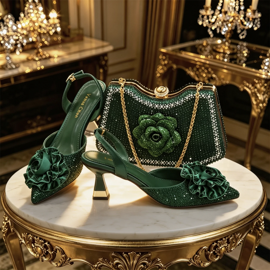 Luxury Green 3D Rose Rhinestone Shoes And Bag Set Women Pointed Toe Slingback High Heels Matching Clutch For Wedding Party