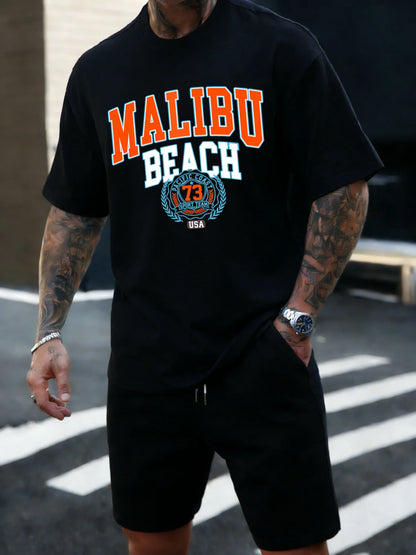 Malibu Beach 73 Usa Printing T-Shirt Mens Cotton T Shirts O-Neck Summer Basics Clothes Casual Trendy All-Match Short Sleeve