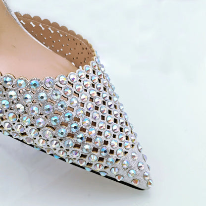 Hot Selling Italian Design African Women's Crystal High Heel Toe Sandals Party Wedding Party Silver Shoes and Bag Set