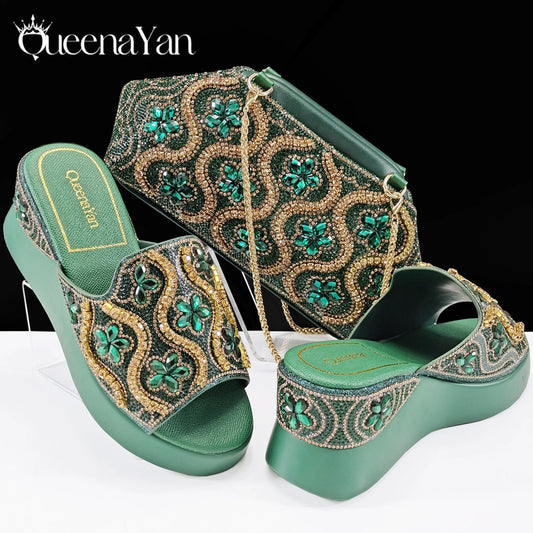 High Quality 2025 Newst Hot Selling Open Toe Slingback Sandals with Bag Set in Green Color For Women Wedding Party