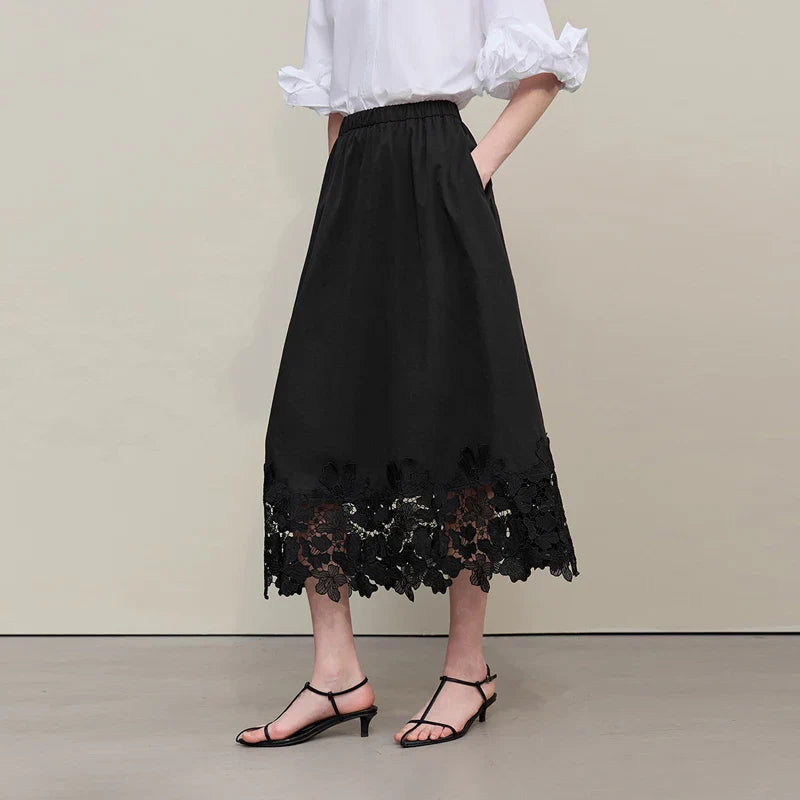 Women's Skirt 2026 Summer New Elastic Waist Cutout Lace Hem Midi Casual Loose Fit Floral Trim Skirt For Women 12622106