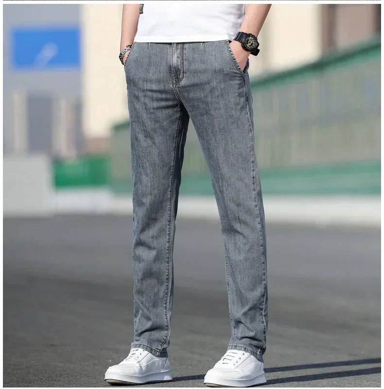 Summer New Men's Loose Stretch Gray Jeans Fashion Casual Stretch Straight-leg Denim Pants Male Light Blue Brand