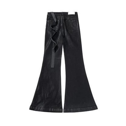 Streetwear Black Wax Leather Strecth Jeans for Men Ropa Hombre Baggy Y2k Flare Pants Oversized Straight Denim Trousers