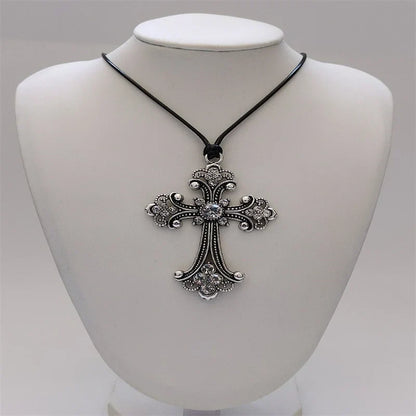 Large Detailed Rhinestone Cross Choker Spiral Hippie Necklace Goth Punk Women Fashion Statement Crucifix Charm Jewelry Gift