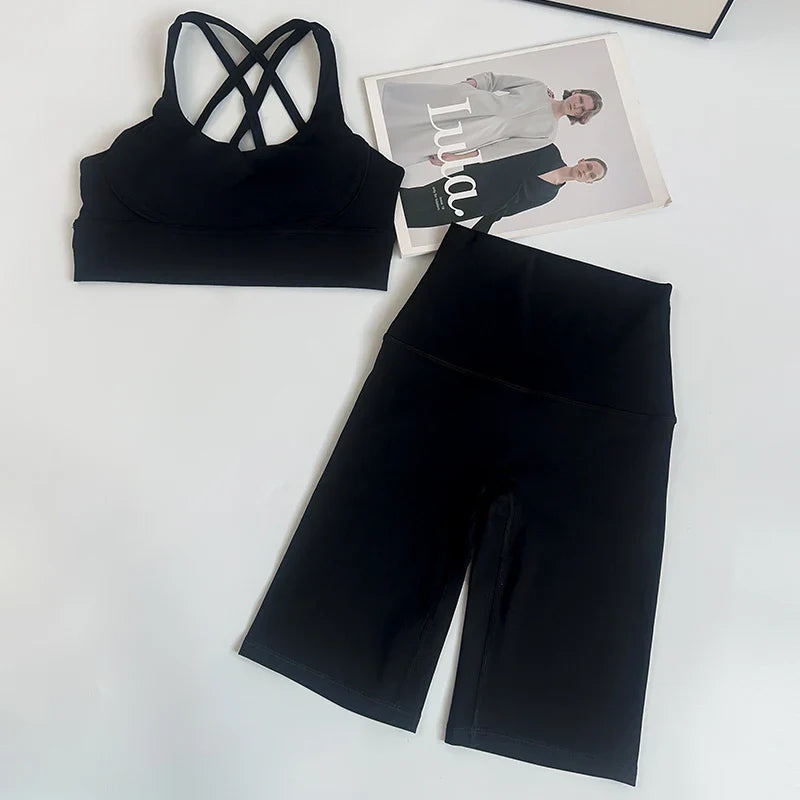 2 Pieces Yoga Shorts Gym Sports Sets Women Fitness Suits Cross Back Bra Top High Waist Shorts Running Workout Tracksuit👚👍️