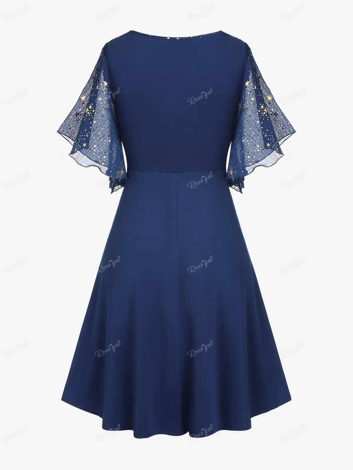 Plus Size Stars Print Buckle Button Pockets Ruched Butterfly Sleeves Dress Deep Blue Women Casual Square Collar Dresses