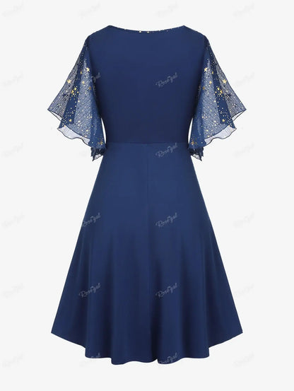 Plus Size Stars Print Buckle Button Pockets Ruched Butterfly Sleeves Dress Deep Blue Women Casual Square Collar Dresses