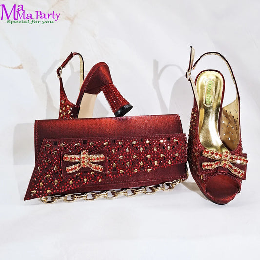 Mature New Fashion Classics Design Italian Women Shoes and Bag to Match in Wine Color Comfortable Heels for Party