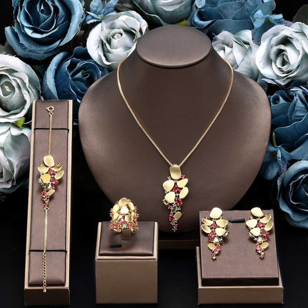 Dubai Saudi Arabia Trendy Gold Plated Pendant 4pcs Necklace Set Fashion Women Cubic Zirconia Jewelry Sets Bridal Accessories