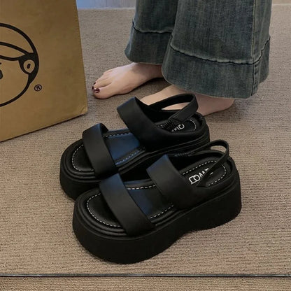 Summer 2025 Chunky Sandals Women's Wedge Heels Slides 8CM High Heels Leather Casual Woman Beach Thick Bottom Flip Flops