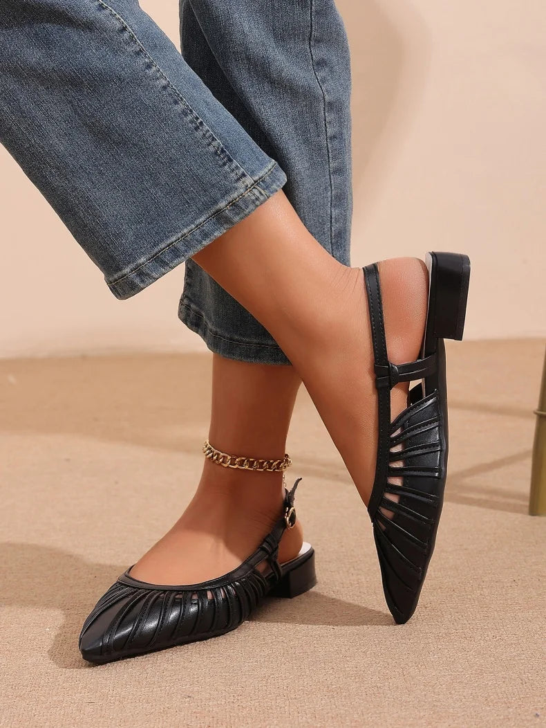 Elegant Pointed Toe Slingback Sandals for Women Summer - Pleated Mesh Low Block Heel Pumps - Adjustable Buckle Strap Dress Shoes