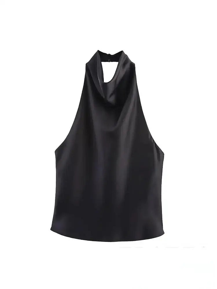 Sexy Chic Butter Yellow Satin Tops Women Halter Backless Beach Holiday Party Top Fashion 2025 New Year Evening Satin Top