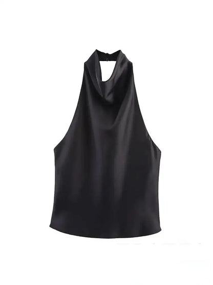 Sexy Chic Butter Yellow Satin Tops Women Halter Backless Beach Holiday Party Top Fashion 2025 New Year Evening Satin Top