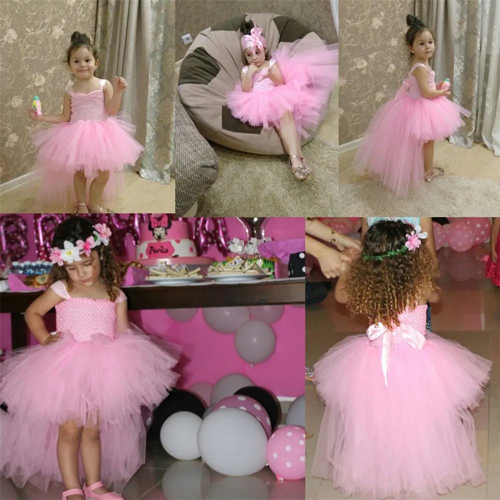 Vestido Tutu Rosa e Preto para Meninas, Vestido de Tule com Cauda e Decote V para Festa de Aniversário, Vestido de Baile para Meninas, Fantasias de Halloween Infantis