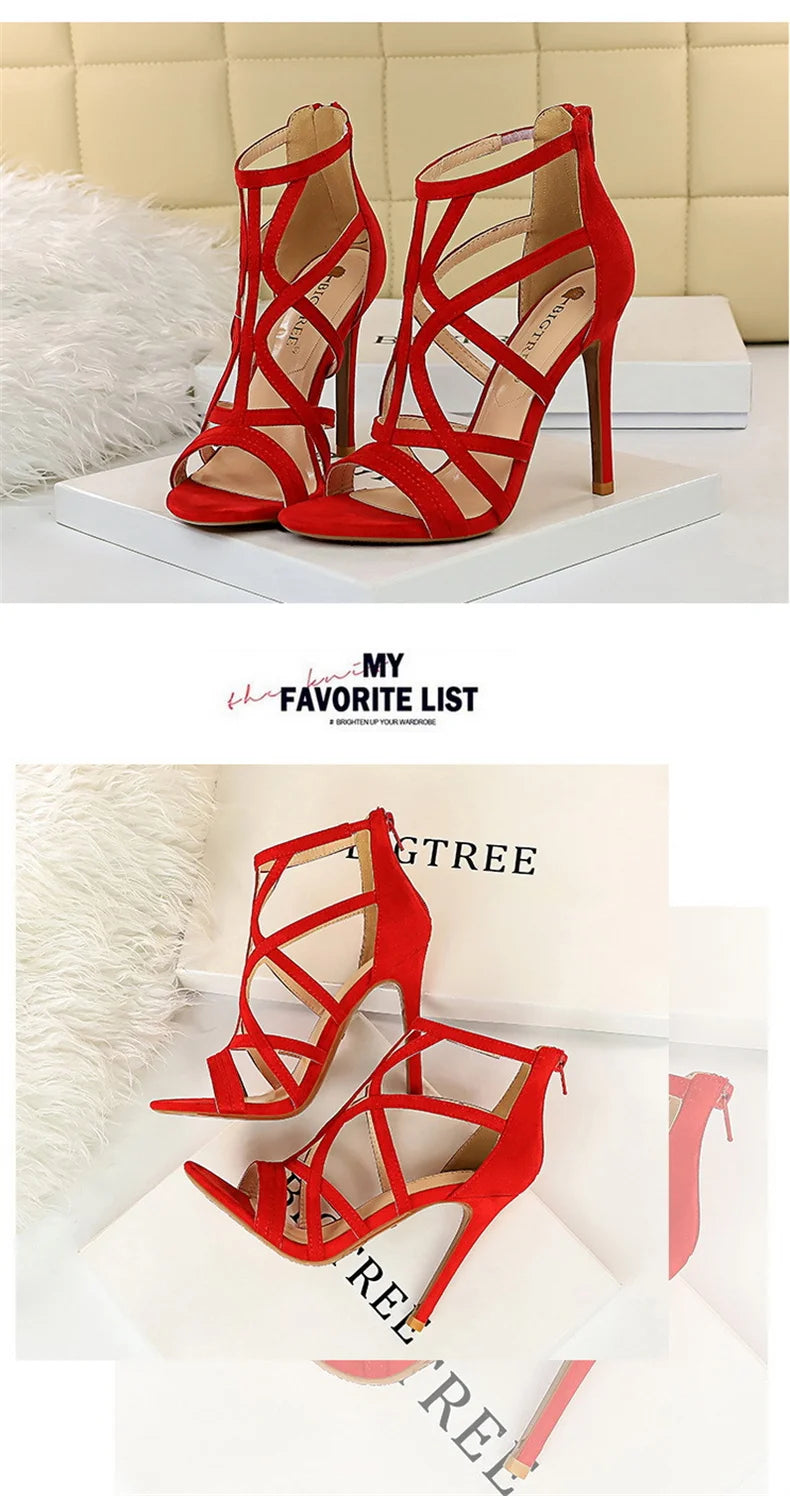 Women Roman Style Thin High Heels Pumps Pointed Toe Suede Hollow Strap Party Shoes Solid Ankle Zip Summer Sandals