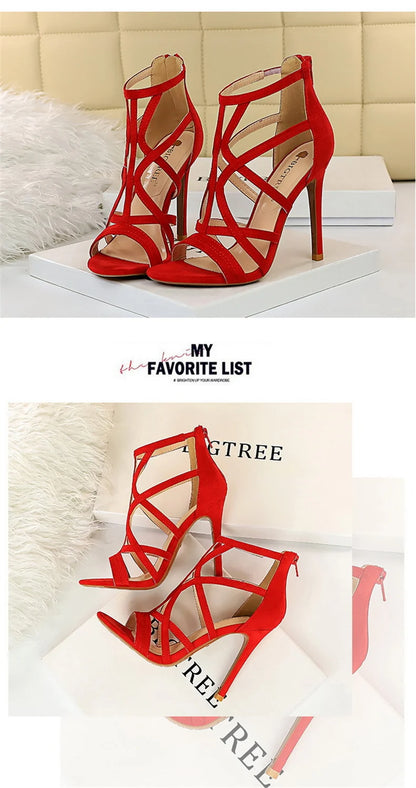 Women Roman Style Thin High Heels Pumps Pointed Toe Suede Hollow Strap Party Shoes Solid Ankle Zip Summer Sandals