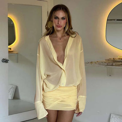 Fashion See Through Shirt Mini Dress Flare Sleeve Sexy Club Party Bandage Ruched Lapel Dresses Outfits Clothes