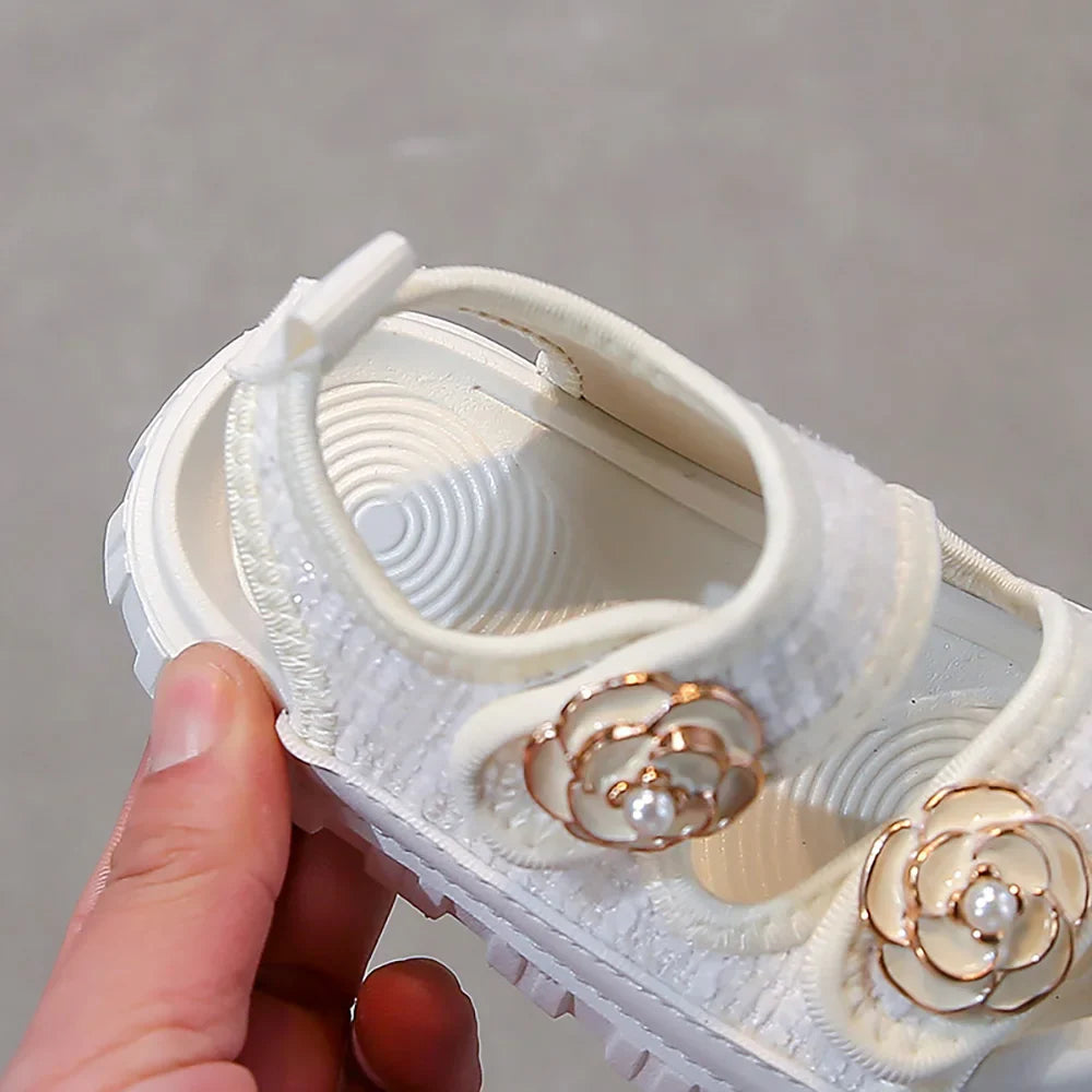 Korean Style Summer Sandals For Girls Luxury Pearl Flower Children's Beach Shoes Ergonomics Soft-soled Kid's Girl's Sandals