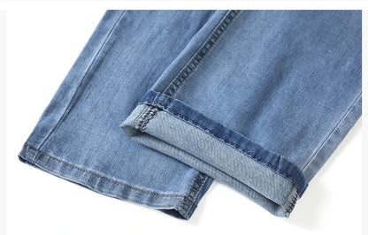 Men's Ice Silk Denim Cargo Pants Summer New Thin Business Casual Jeans Outdoor Y2K All Match Slim Fit Straight Elastic Jean Male