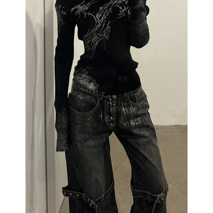Black Women's Jeans High Waist Hip Hop Straight Fashion Pants Streetwear Harajuku Y2K Star 2024 Female Wide Leg Denim Trouser