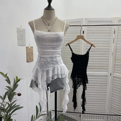 Summer Y2K Camisole for Women Casual Spaghetti Straps Double Layers Lace Stretch Mesh Patchwork Asymmetrical Slim Tops