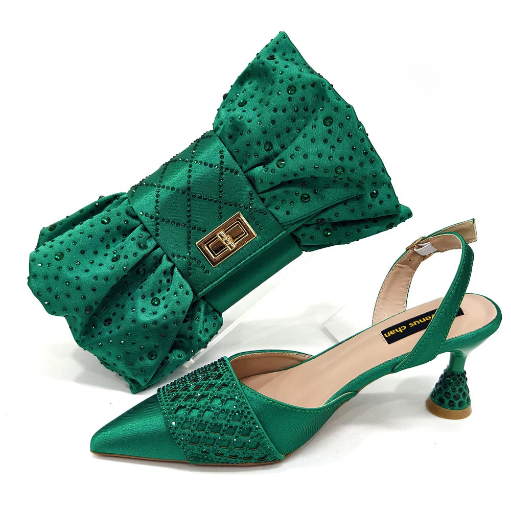 Fashion Brown Color Women's Party Shoes and Bag Set With Elegant Diamond Butterfly Design - Stylish and Chic