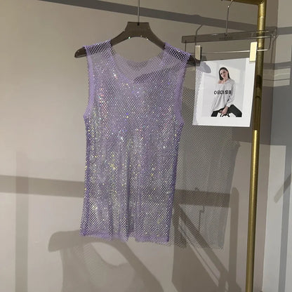 Women&Men Crystal  Rhinestones Shiny Sexy Y2K Tank Tops High Quality Party Club Sexy See Through Mesh Hollow Out Diamond shirt