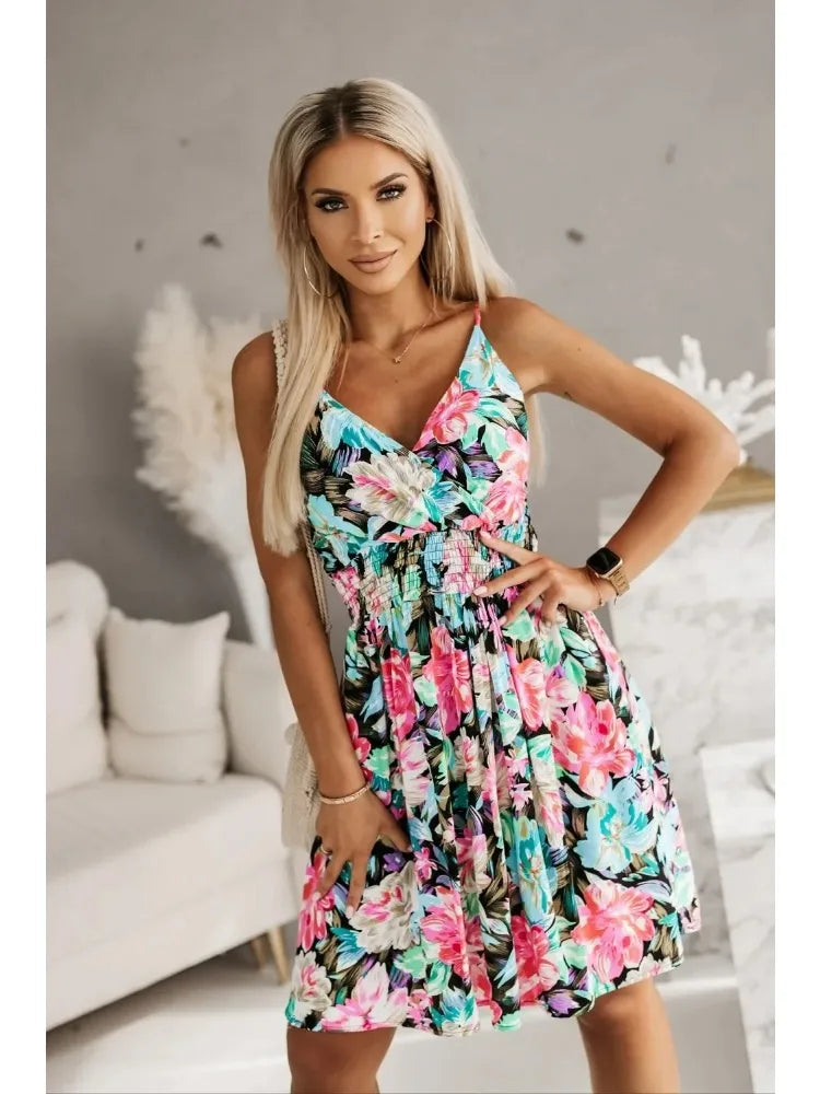 New Fashion Women's  Summer Wrap Pleated Dresses Ladies Floral Print Sexy Spaghetti Strap Sling DressBeach Dress A Line Sundress