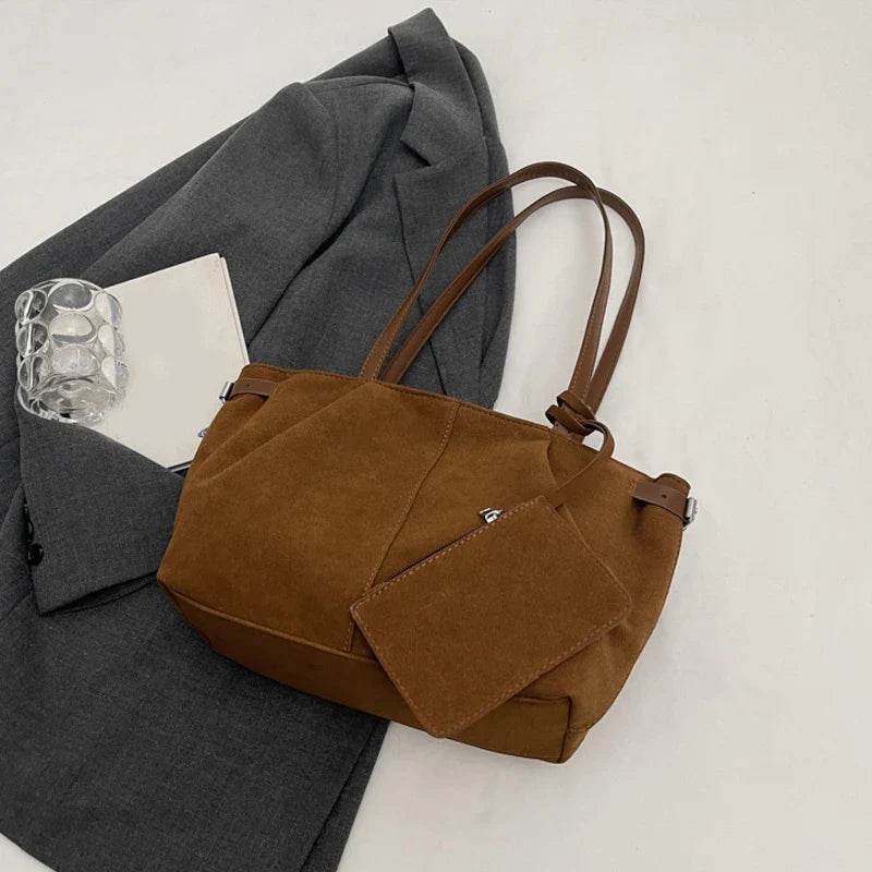 Suede Shoulder Bags for Women Large Suede Totes Lightweight Underarm Bag Casual Shopper Handbag Solid Color Travel Bucket Bags