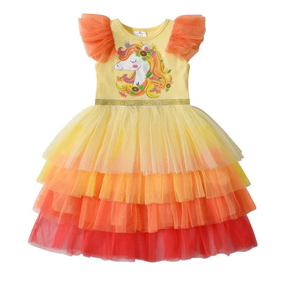 Kids Summer Vestidos Girls Flare Sleeve Mesh Tulle Layered Princess Birthday Party Tutu Dresses Girls Unicorn Print Dress