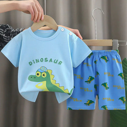 2Piece Summer Boys Clothing Korean Casual Cartoon Cute Print Short Sleeve Baby Tops+Shorts Kids Clothes Children's Sets B207