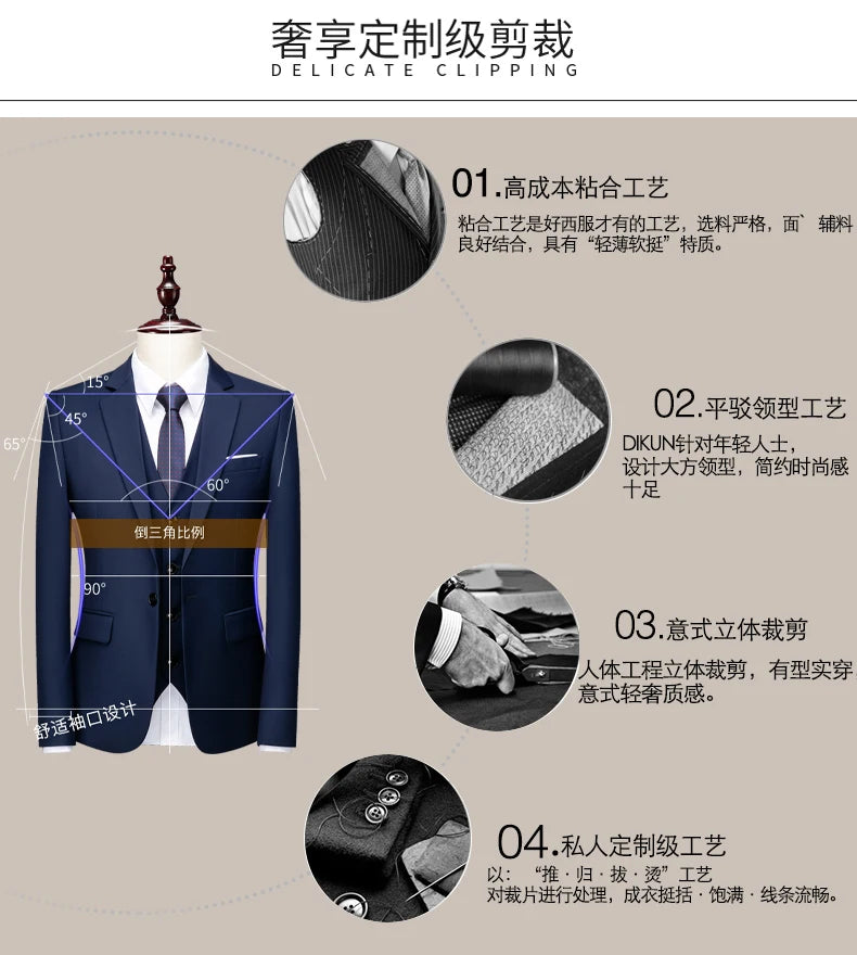 2026 New Suit (Blazer+ Vest + Pants) Men's Gentleman Fashion Slim Work Solid Color Plus Size Fair Dress Wedding Best Man Suit