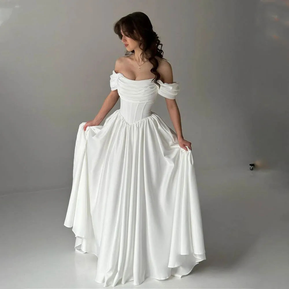 Popular Off The Shoulder Pleat Sweetheart Thick Satin A Line Wedding Dress V-shape Waistline Custom Made 2026 Rode De Morrie