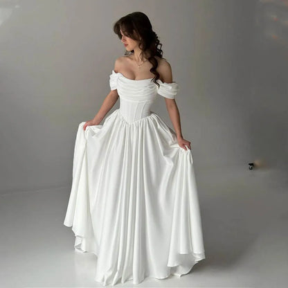 Popular Off The Shoulder Pleat Sweetheart Thick Satin A Line Wedding Dress V-shape Waistline Custom Made 2026 Rode De Morrie