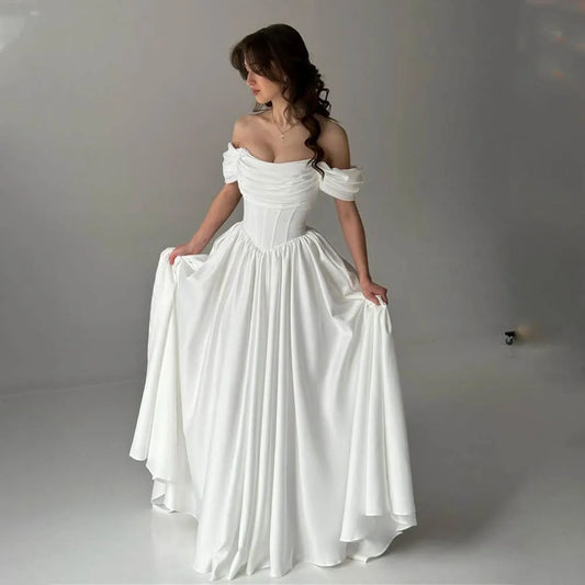 Popular Off The Shoulder Pleat Sweetheart Thick Satin A Line Wedding Dress V-shape Waistline Custom Made 2026 Rode De Morrie