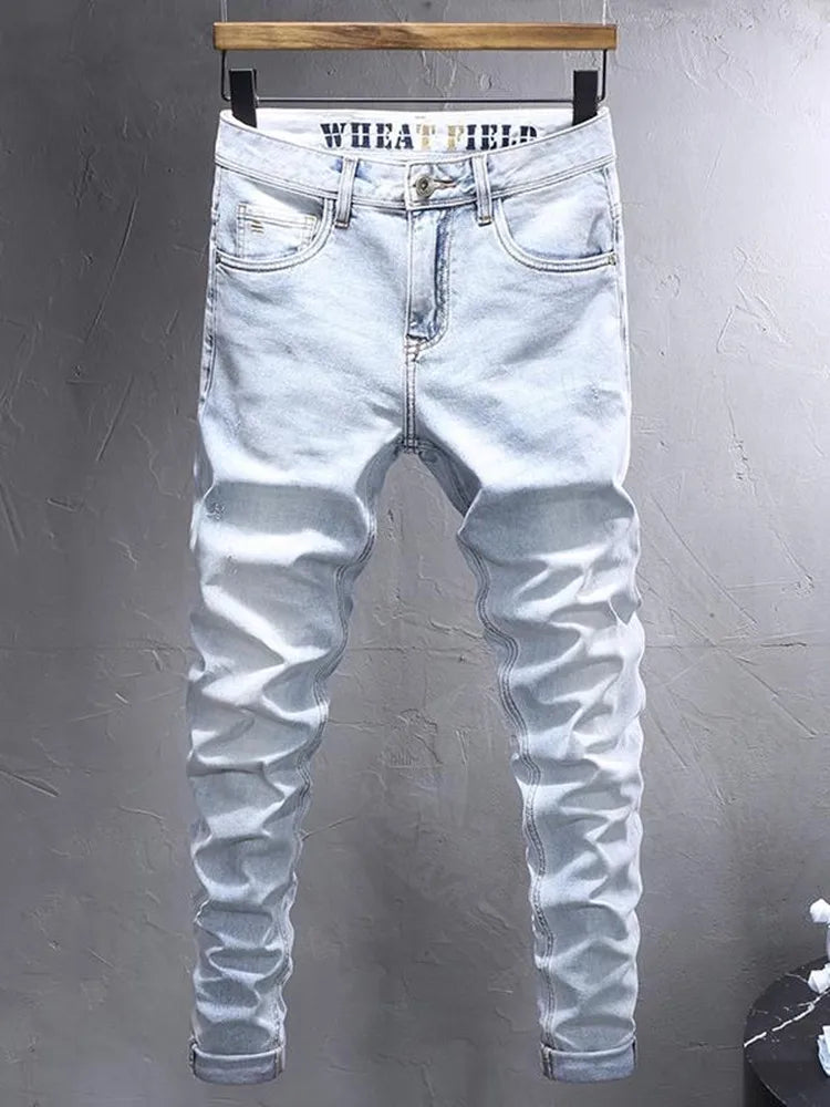 Spring and Autumn New Fashion Trend Solid Color Straight Stretch Denim Pants Men Slim Breathable High Quality Small Foot Pants