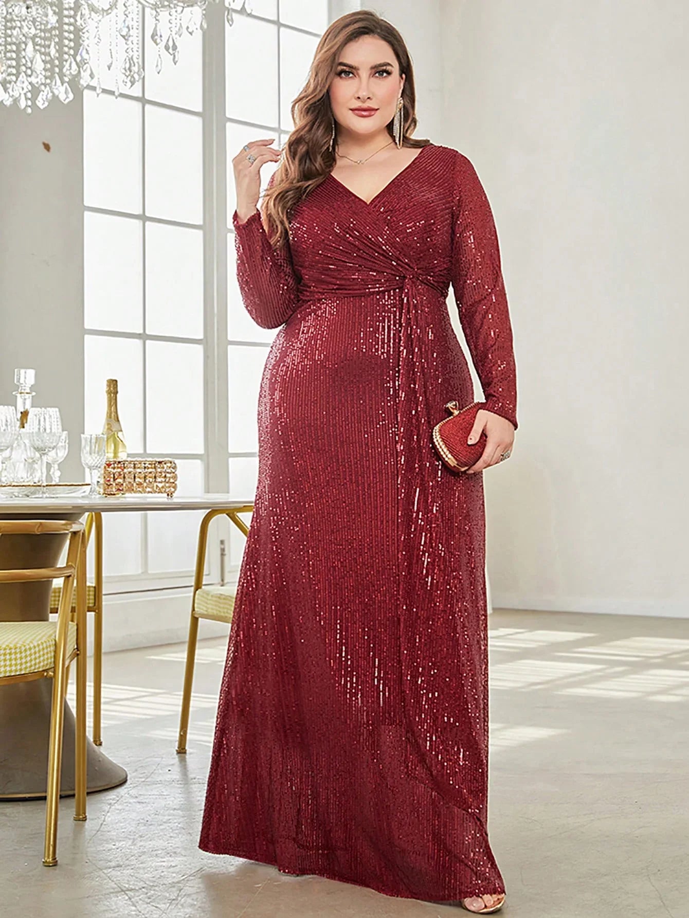 Plus Size Luxury Floor Length V-Neck Evening Dress 2025 Women Elegant Party Maxi Dress Sequin Long Sleeves Prom Cocktail Gowns