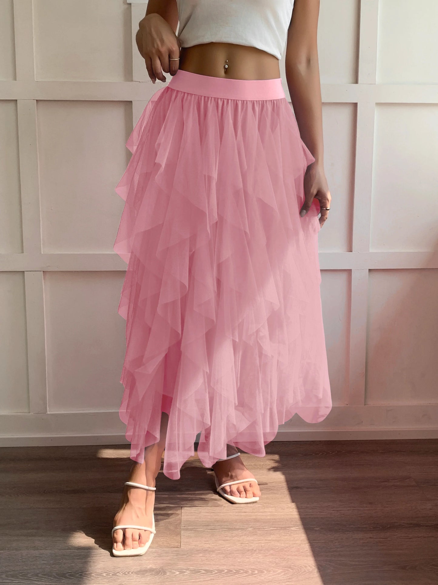 Medium waist chiffon long skirt for women, irregular layered pleated edge layered cake skirt, elegant fairy A-line skirt