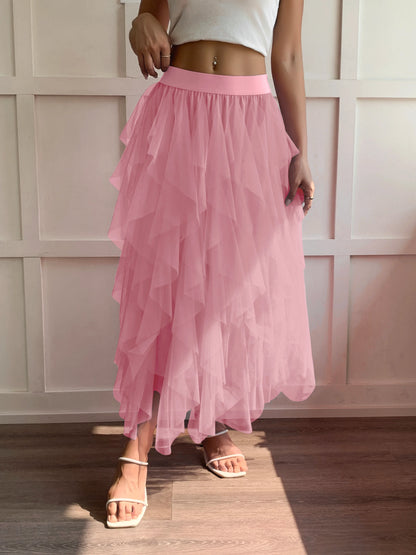 Medium waist chiffon long skirt for women, irregular layered pleated edge layered cake skirt, elegant fairy A-line skirt