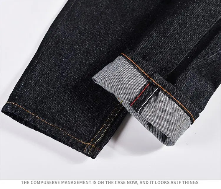 Men's Japanese Handmade Embroidered Cotton Jeans Straight Tube Slim Fit Hip-Hop Trousers Red Ear Detail Devil Big M Golden Text