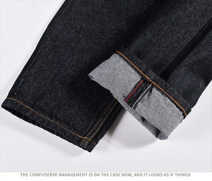 Men's Japanese Handmade Embroidered Cotton Jeans Straight Tube Slim Fit Hip-Hop Trousers Red Ear Detail Devil Big M Golden Text